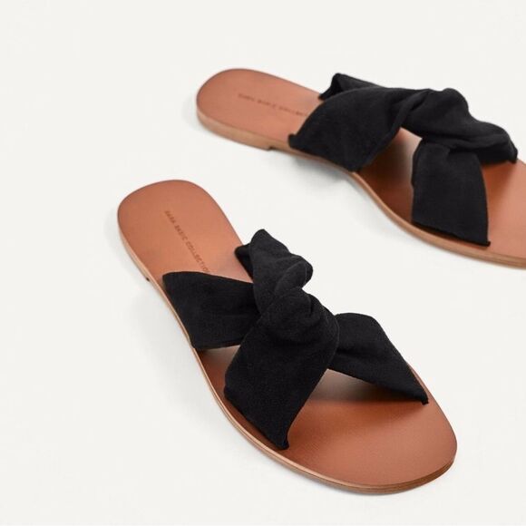 ZARA 38/7-7.5 Black Suede Flat Crossover Straps Knot Flat Slip on Sandals - Picture 6 of 12